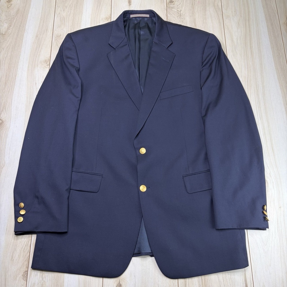 Burberry London Men's 44R Navy Blue Gold Button Blazer Super 100s Wool